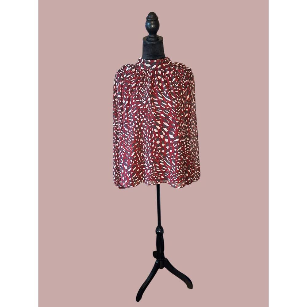 Banana Ruplic High Neck Maroon/Cream Leopard Print Top - Size S